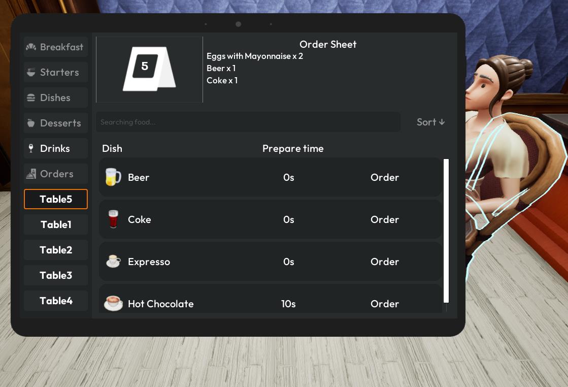 Tablet order screen with dishes and drinks