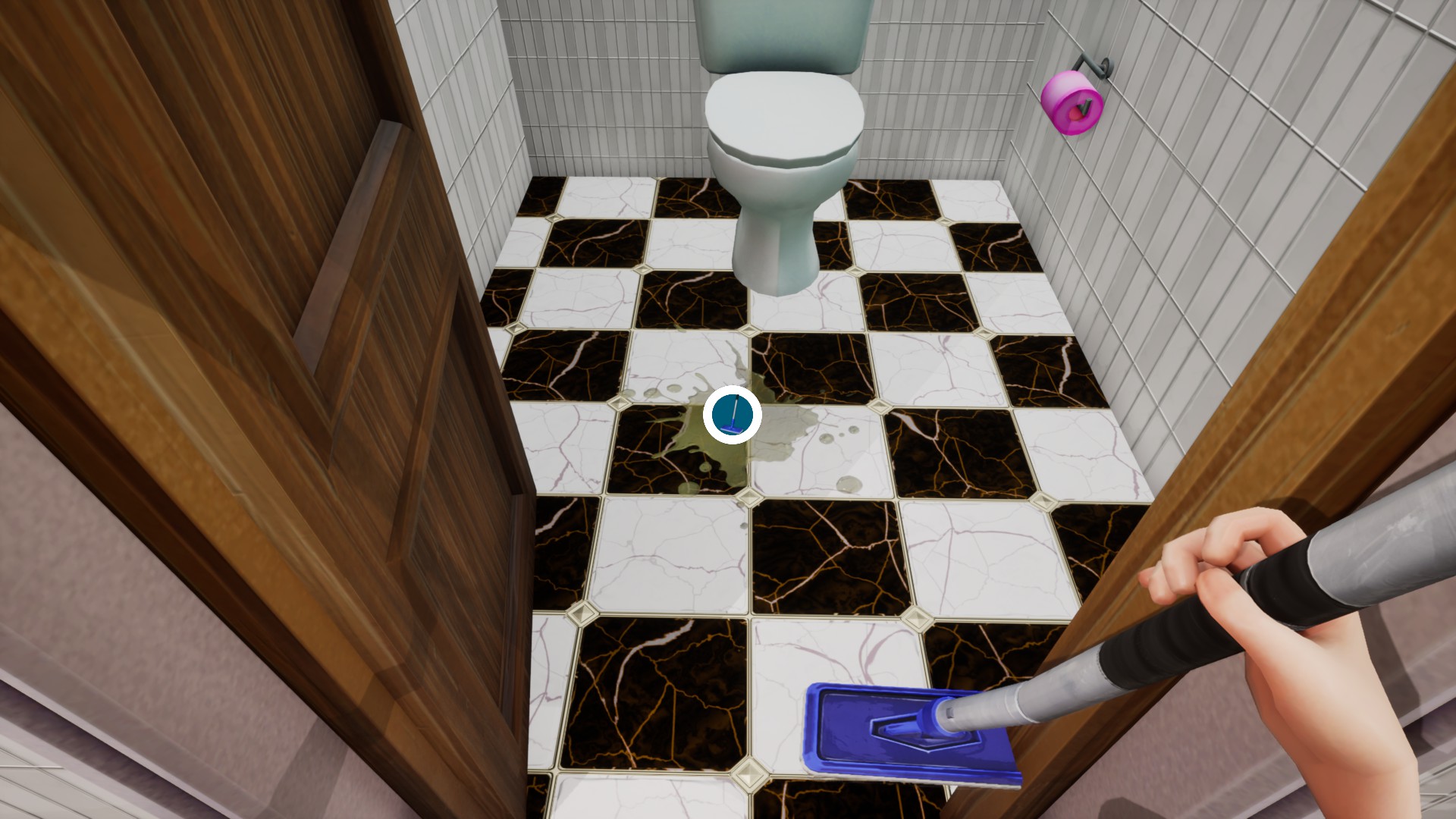 Blue indicator marking a floor stain