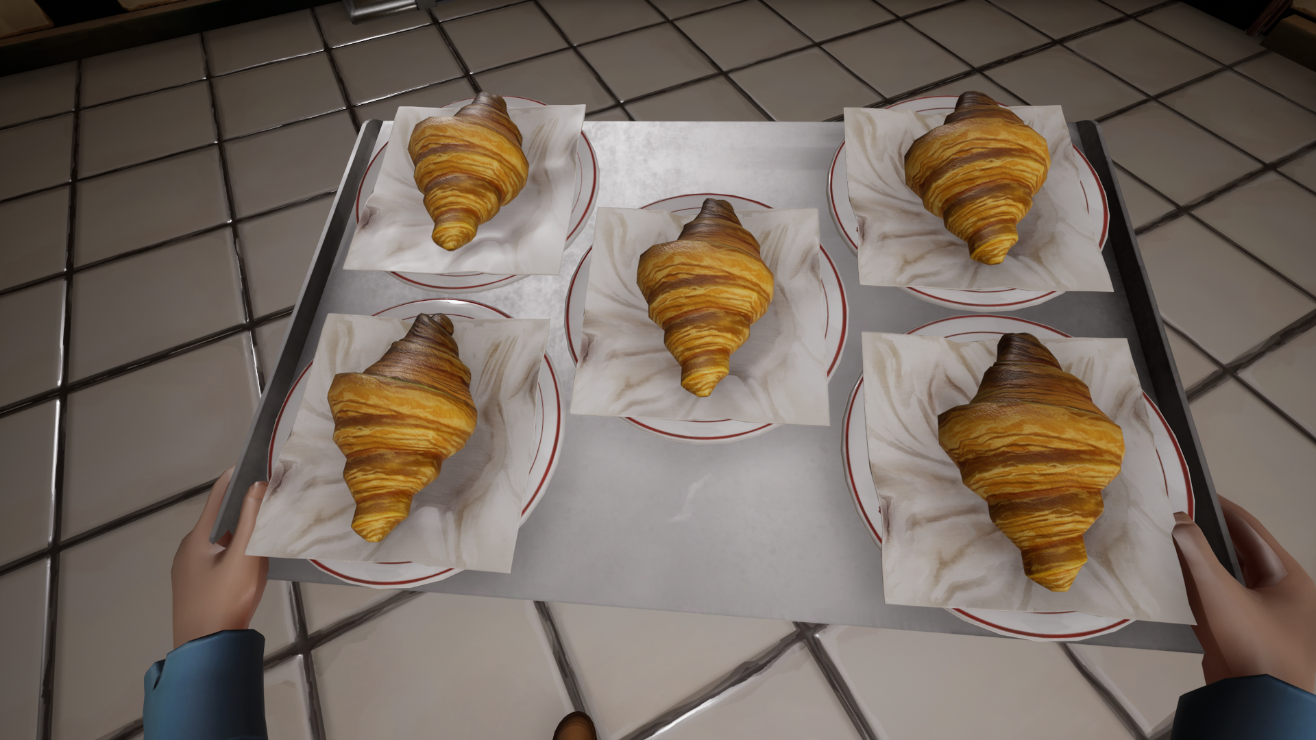 Plaque de 5 croissants cuits sur leur assiette