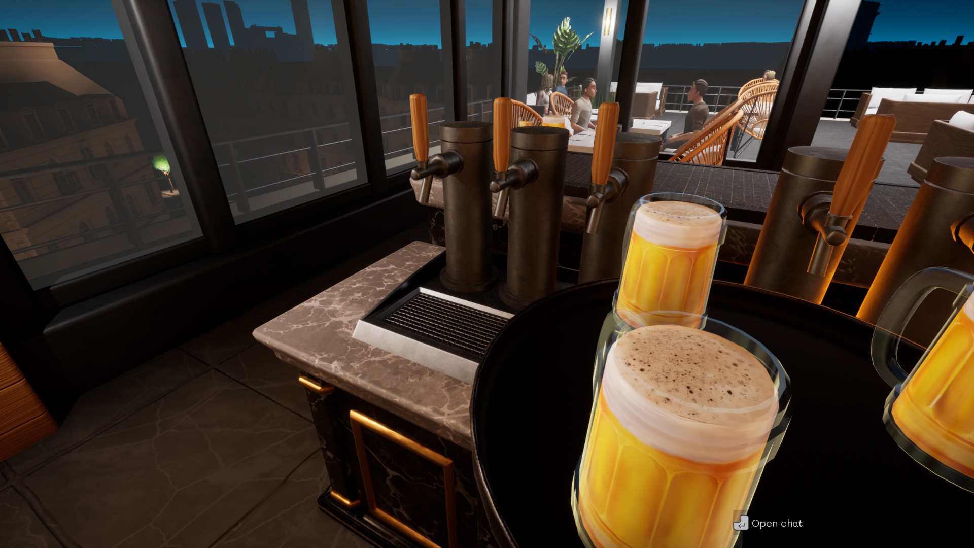 Filled beer glass on a serving tray