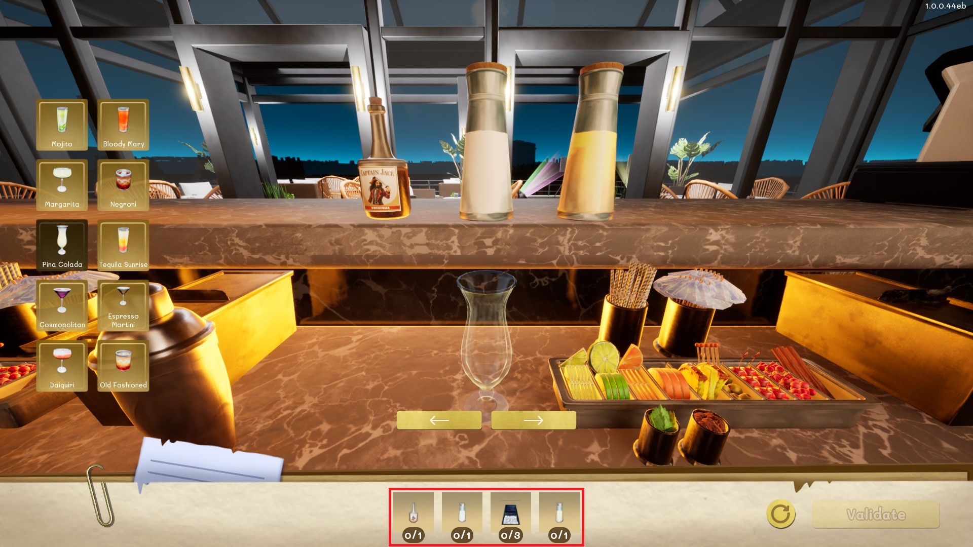 Cocktail recipe ingredients on the HUD
