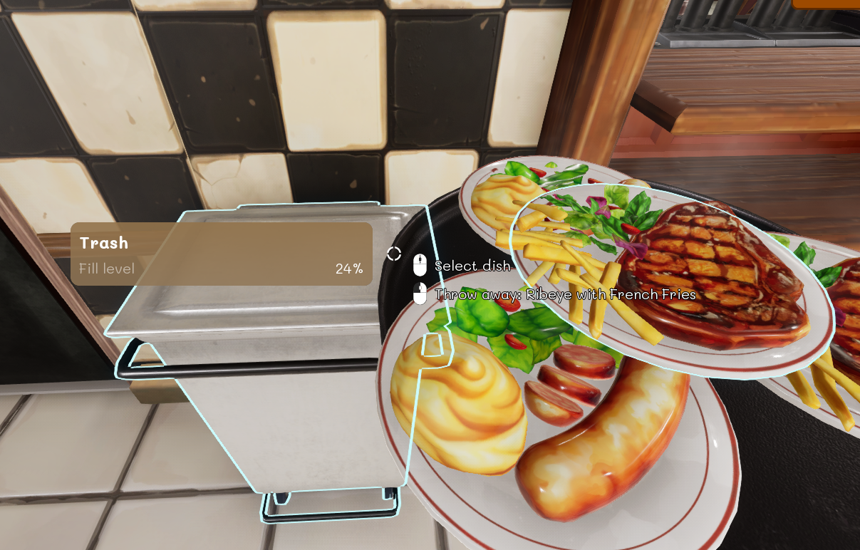 Dish selected on a tray beside the kitchen bin
