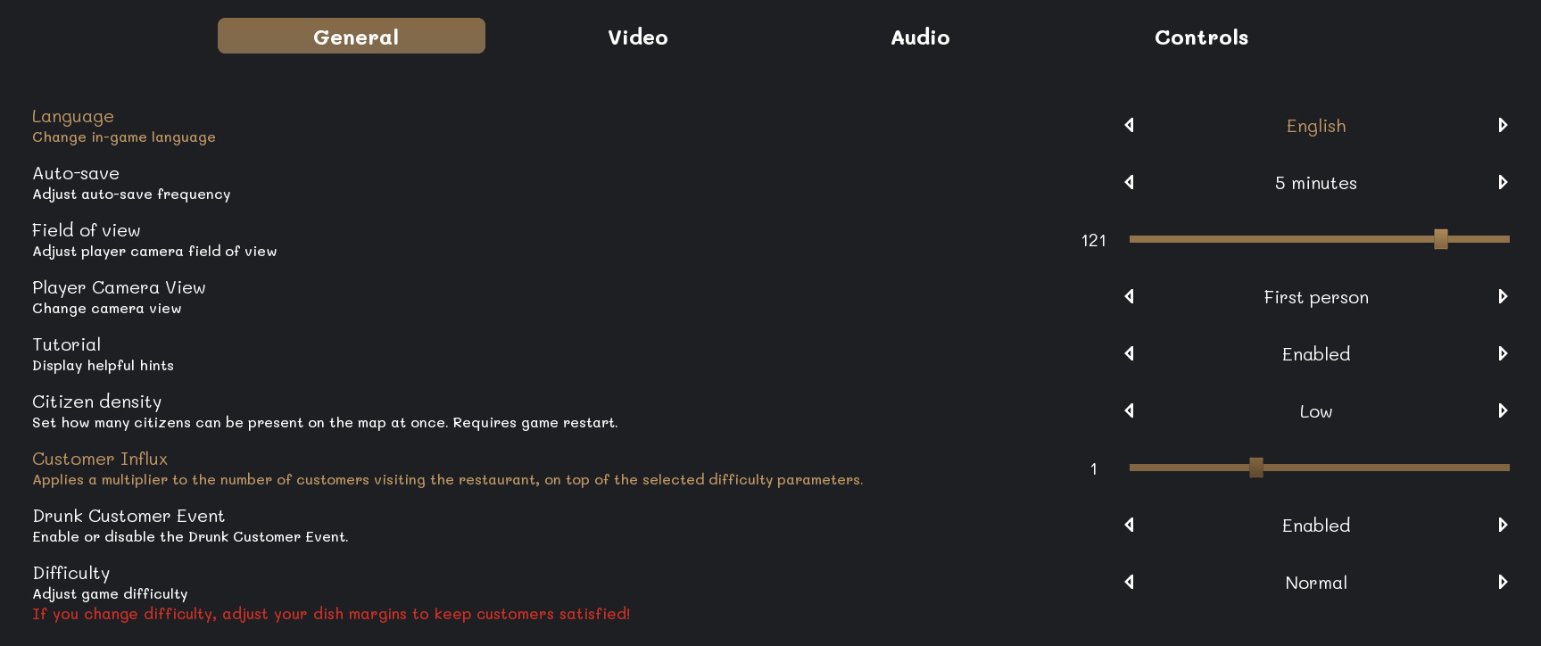 Customer Influx option in the game settings